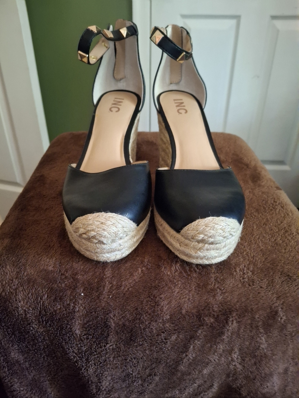 INC International Concepts Black Espadrille Wedge Sandals with Ankle Strap